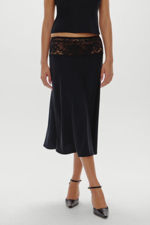 Harper Satin Midi Skirt - Black